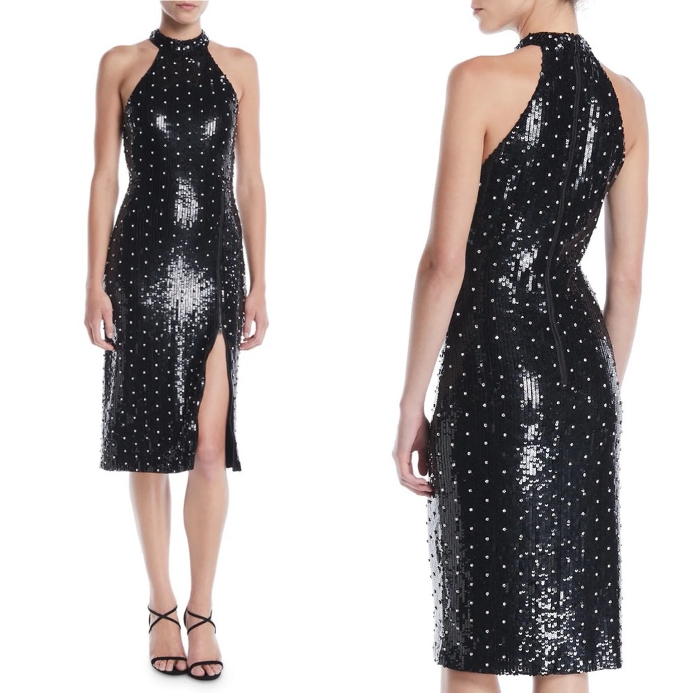 Alice + Olivia Jeana sequin halter zip up slit dress XS US2
